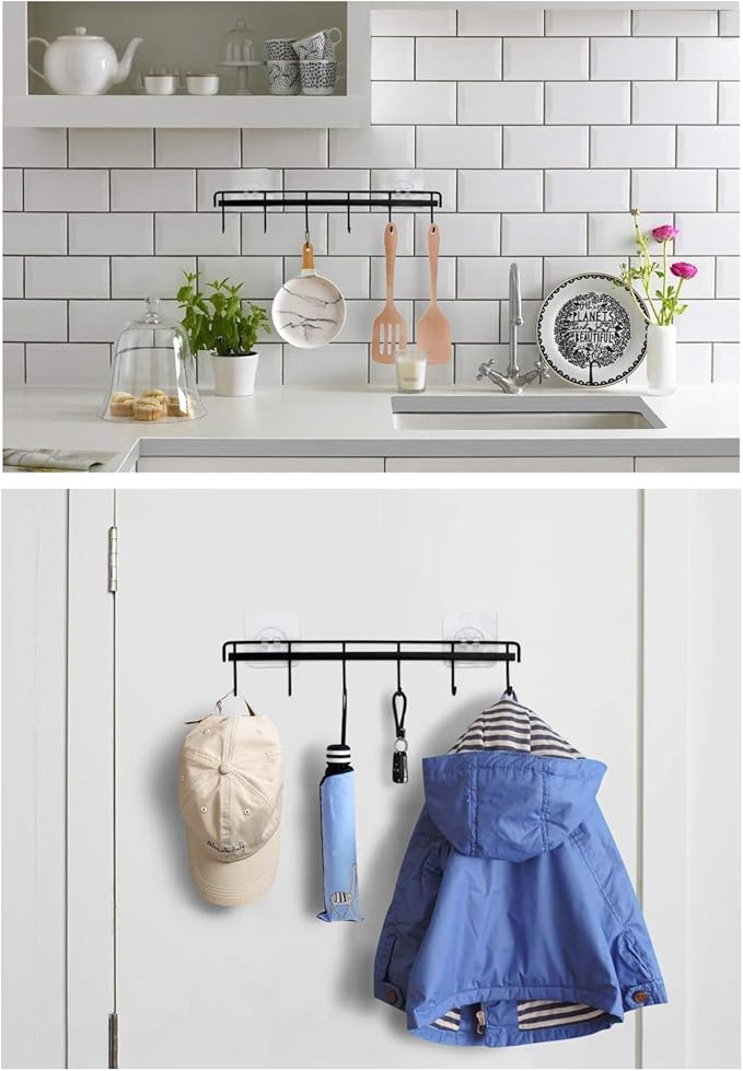 YiZhi Adhesive Wall Hooks Rack Kitchen Rail, Space Saving Utensil Holder No Drilling Wall Mounted Accessory Hanger with 6 Hooks for Kitchen Bathroom Bedroom Pack of 2 (Black)