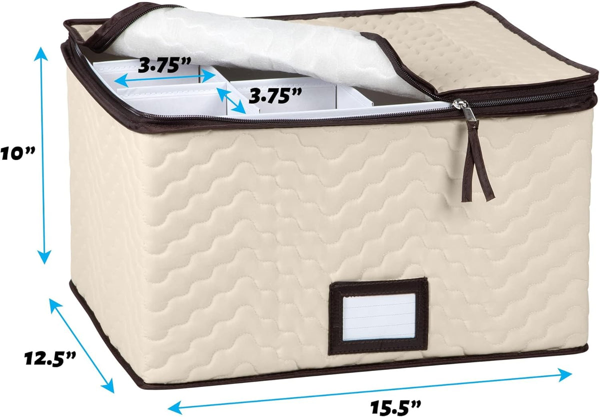 Wine Glass Storage Box with Dividers - Holds 12 Glasses up to 3.75" Wide - Stemware Storage Case - Protects Fine China - Durable Quilted Microfiber Bin with Carry Handles - Ideal for White Wine