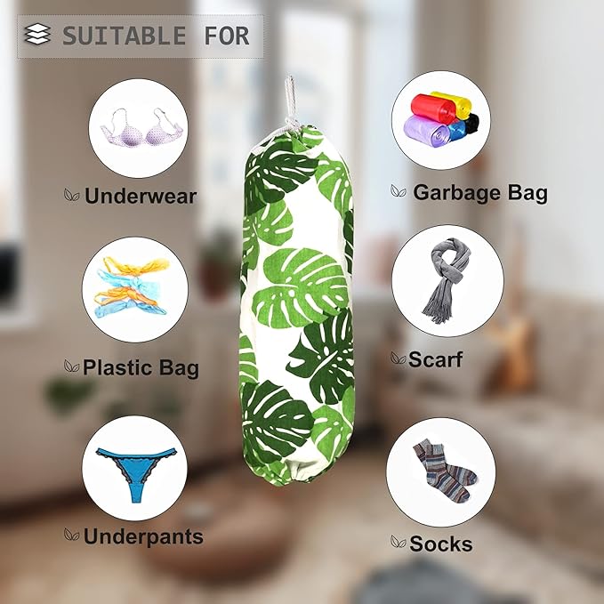 Green Wall Mount Plastic Bag Organizer - Washable Large Grocery Bag Storage Dispenser for Home Kitchen Travelling, Free Adjustment with Drawstring, 22x9
