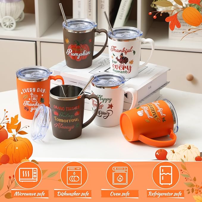 6 Pcs Thanksgiving Coffee Mugs Cups 16 Oz Fall Stainless Steel Insulated Tumblers Bulk with Handle Lid Straw Brushes Happy Thanksgiving Pumpkin Turkey Mugs Thankful Gifts for Party Birthday