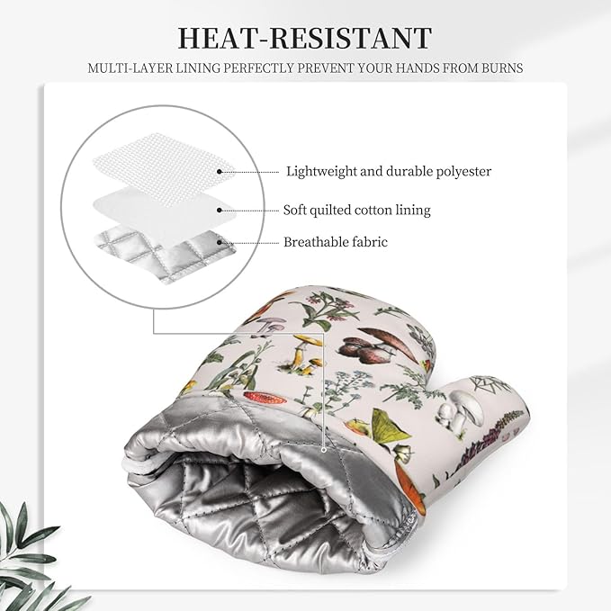 Vintage Botanical Oven Mitts and Pot Holders Set Silicone Heat Resistant Plants Herbs Mushroom Kitchen Gloves Set Nature Floral Kitchen Mittens Pot Holders for BBQ Cooking Baking Grilling