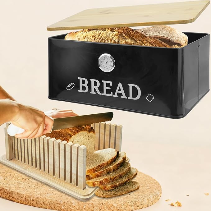 Black Bread Box for Kitchen Countertop with Bamboo lid, Hygrometer Kitchen Organizer for Sourdough, Buns, and Loaves, Bread Storage Container with Cutting Board Lid