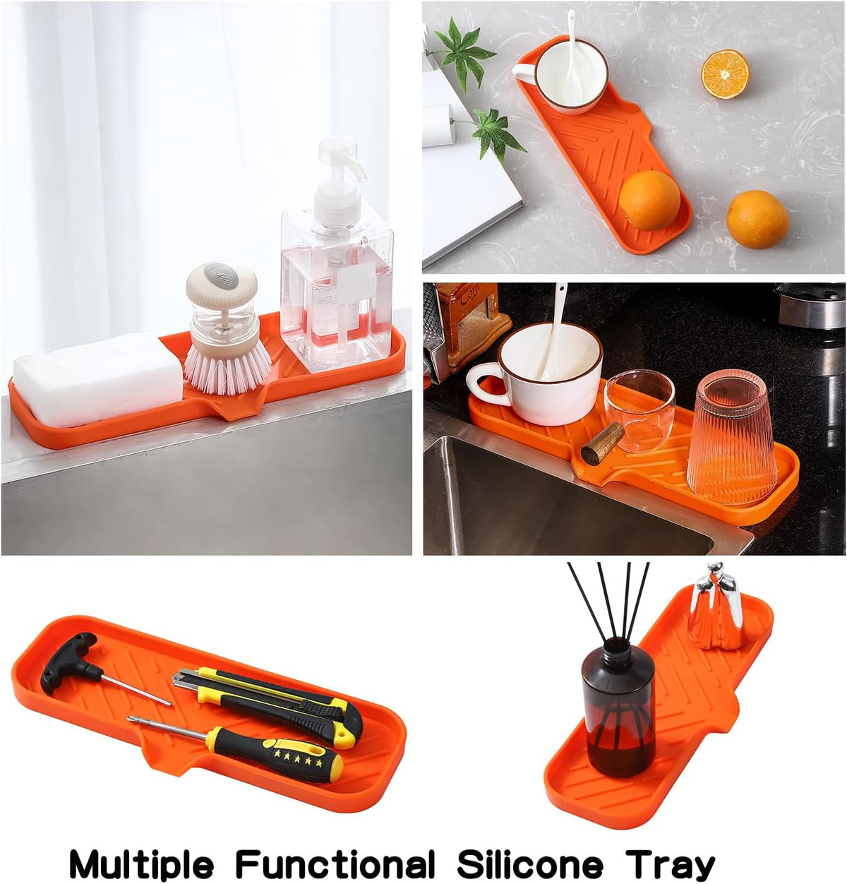 Silicone Bathroom Soap Dishes with Drain Spout-Bathroom and Kitchen Sink Organizer,Sponge Holder,Dish Soap Tray,Perfect for Dispenser,Scrubber,Bottle,Cup on Sink or Counter-Orange 12"×4"