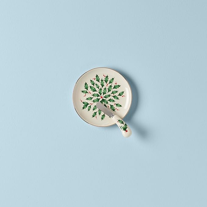 Lenox Serveware, Hosting The Holidays Cheese Plate & Knife Set, Service for 1, Ivory Porcelain, Dishwasher Safe, 6.75 Inch Diameter, Christmas Decorations, Christmas Decor (White/Green/Red, 2 Pieces)