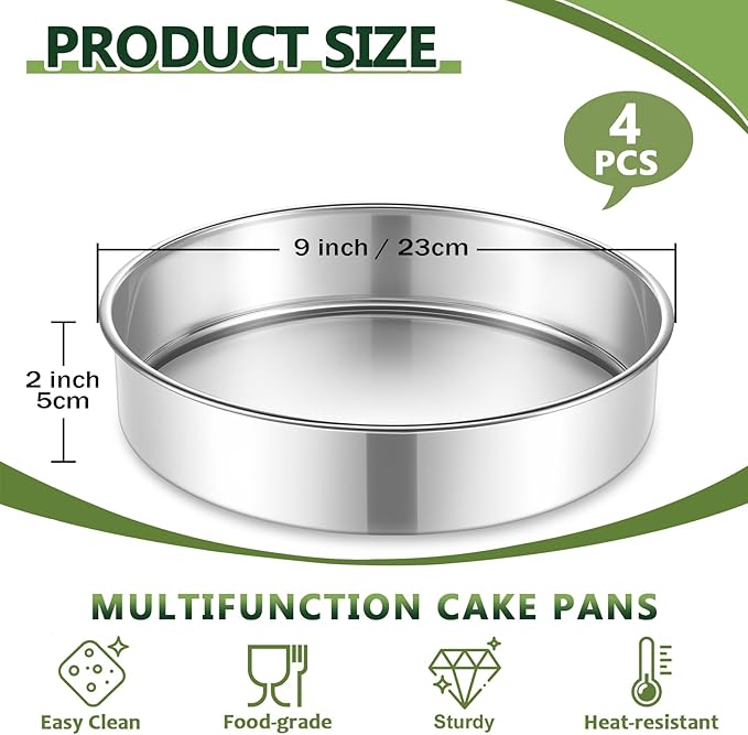 P&P CHEF 9 Inch Cake Pan Set of 4, 4 Pieces Round Layer Cake Baking Pans, Stainless Steel Smash Cake Tin Bakeware for Cooking Steaming, Nontoxic & Sturdy, Oven & Dishwasher Safe