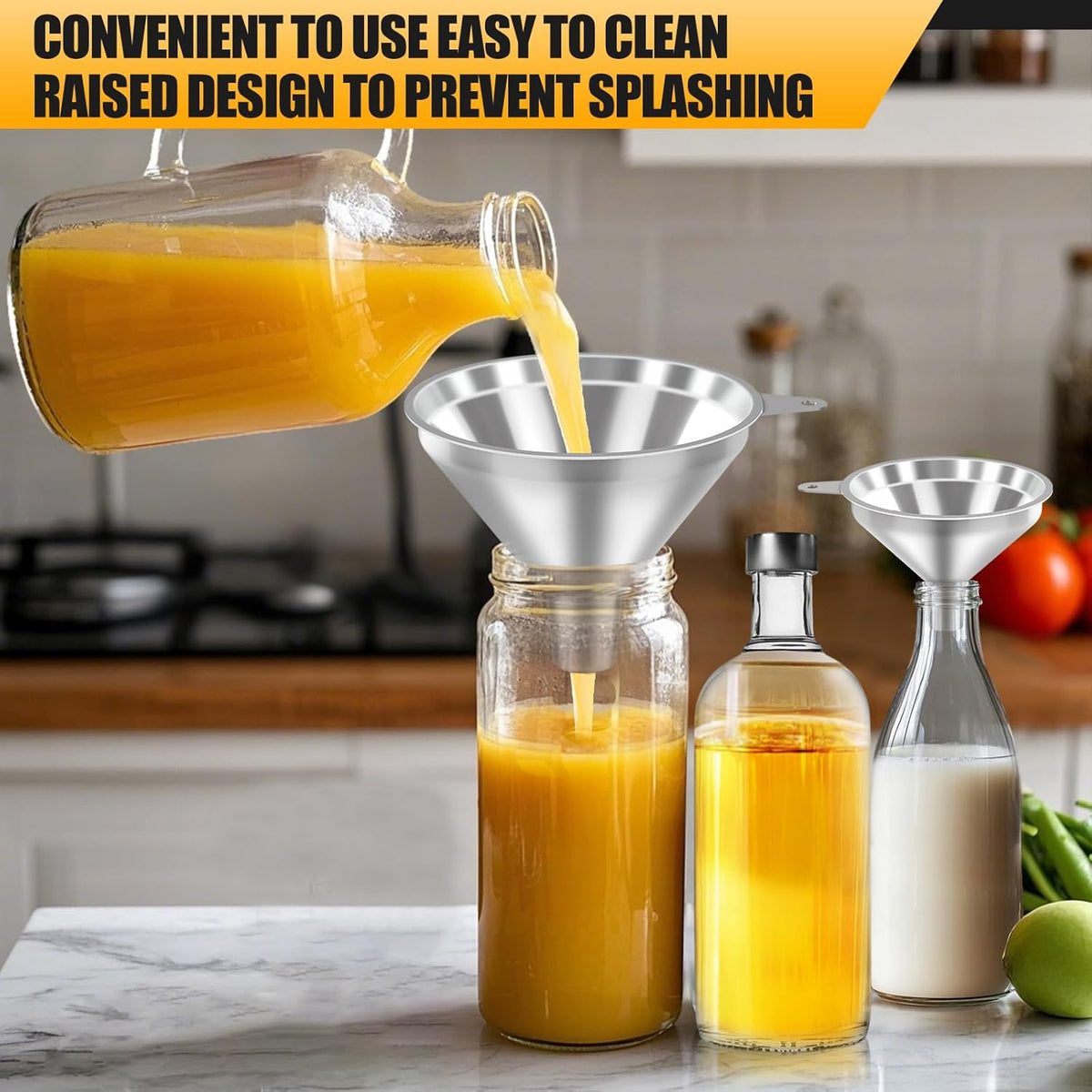 3-Piece Stainless Steel Kitchen Funnel Set for Kitchen Bottle Filling, 2 Funnel Sizes and 1 Strainer for Oils, Liquids, Fluids, Dry Ingredients and Powders, Durable, Washable