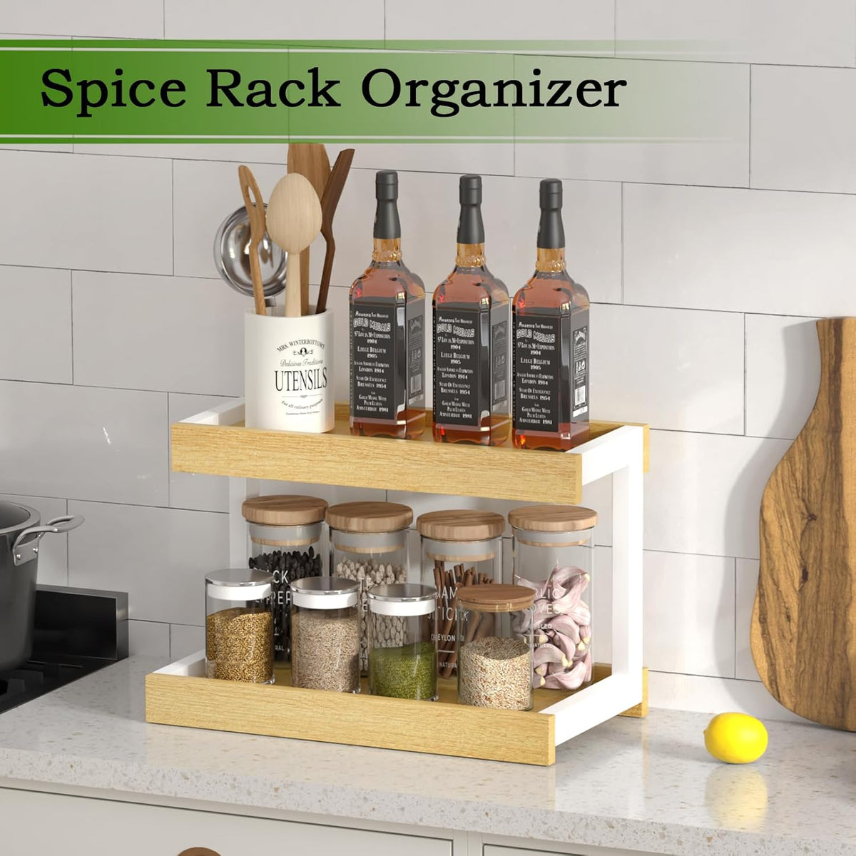 MARTY 2 Tier Spice Rack Organizer for Countertop, 15.8''L Coffee Station/Bathroom Organizer Countertop, Counter Shelf Desktop Storage Organizer for Kitchen, Bedroom, Office