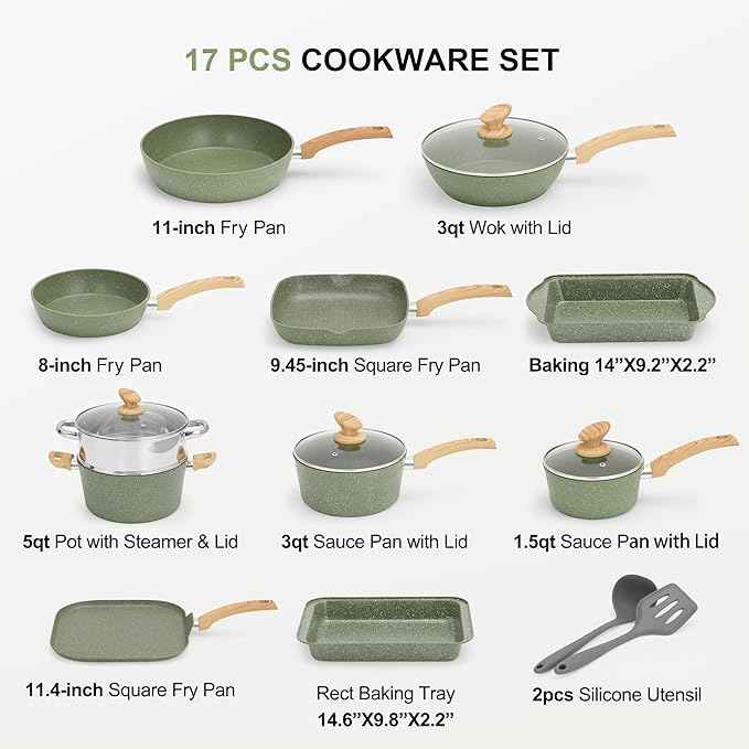 MAISON ARTS 17 Piece Pots and Pans Set Non Stick, Kitchen Cookware Sets with Nonstick Granite Stone Coating, Suitable for Induction Cooktops, Green