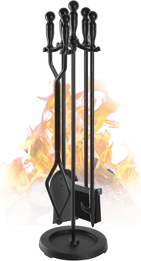 Gtongoko Fireplace Tools Set 5 Pcs 30.5 Inch Black Wrought Iron Large Fire Place Tool Set Indoor/Outdoor Include Poker, Shovel, Brush, Tong and Round Stand, Fireplace Kit Accessories Set