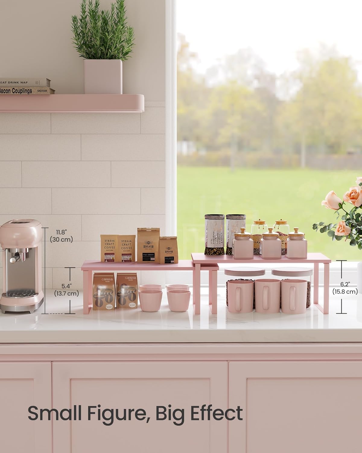 SONGMICS Cabinet Organizer Shelf, Set of 2 Kitchen Counter Shelves, Kitchen Storage, Spice Rack, Stackable, Expandable, Metal and Engineered Wood, Jelly Pink UKCS025S01