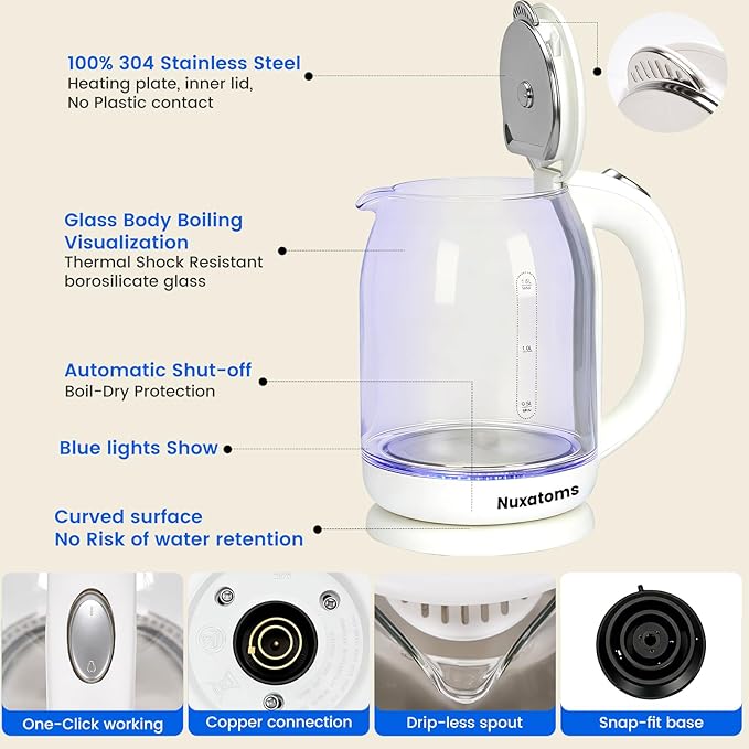 Household Electric Kettle, All 304 Stainless steel and No Plastic Contact, Automatic Shut-off,Borosilicate glass Visual Boiling, 2.0L Water Boiler & Tea Kettle Perfect For Tea & Coffee (pure white)