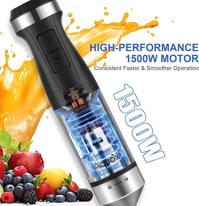 Immersion Blender 5 in 1 Handheld Blender 1500W, 20 Speed Mode&Turbo Boost, Heavy Duty Motor Electric Hand Blender with Chopper, Whisk, Frother, Beaker, for Baby Food, Sauce, Soup, Aquox