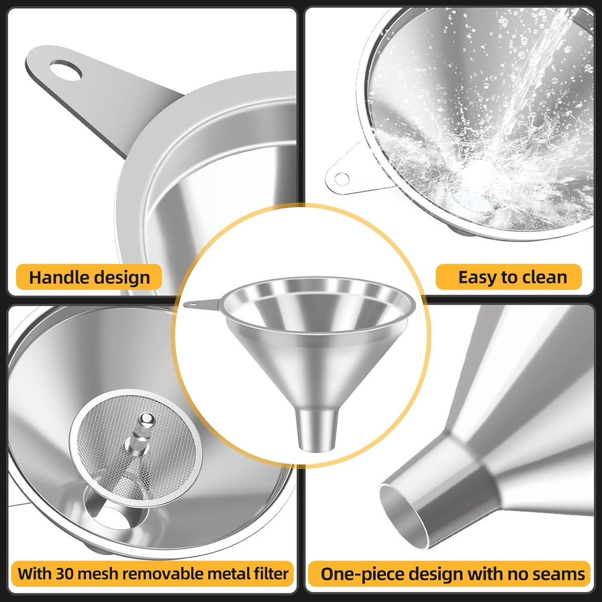 3-Piece Stainless Steel Kitchen Funnel Set for Kitchen Bottle Filling, 2 Funnel Sizes and 1 Strainer for Oils, Liquids, Fluids, Dry Ingredients and Powders, Durable, Washable
