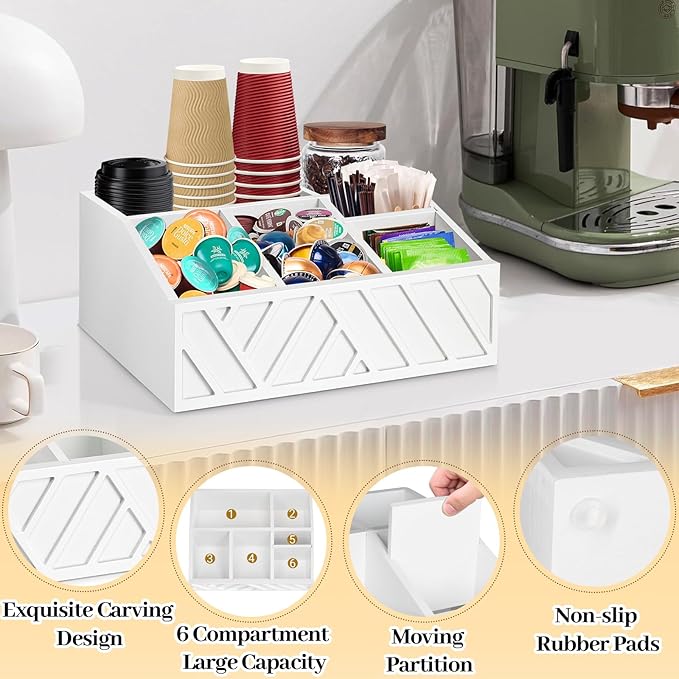 ugiftt Coffee Station Organizer for Counter, Wood Pods Holder Storage Basket, Tea Condiment Storage Organizer, Rustic Coffee Bar Decor for Accessories Organizer
