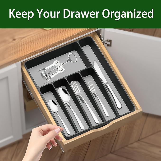 Silverware Organizer Utensil Organizer Holder Kitchen Drawer Organizer Plastic Silverware Tray for Drawer Flatware Organizer 6 Compartment Black