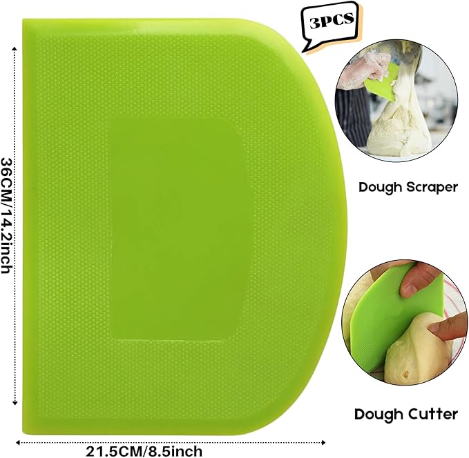 SURDOCA Dough Scraper Bench Scraper - 3P 14.2x8.5" Plastic Flexible Bowl Scraper, Sharp Edge & Angles Cake Scraper. Non-Slip Bakeware Decorating Tools Sculpting & Modeling Tools - Pure Green