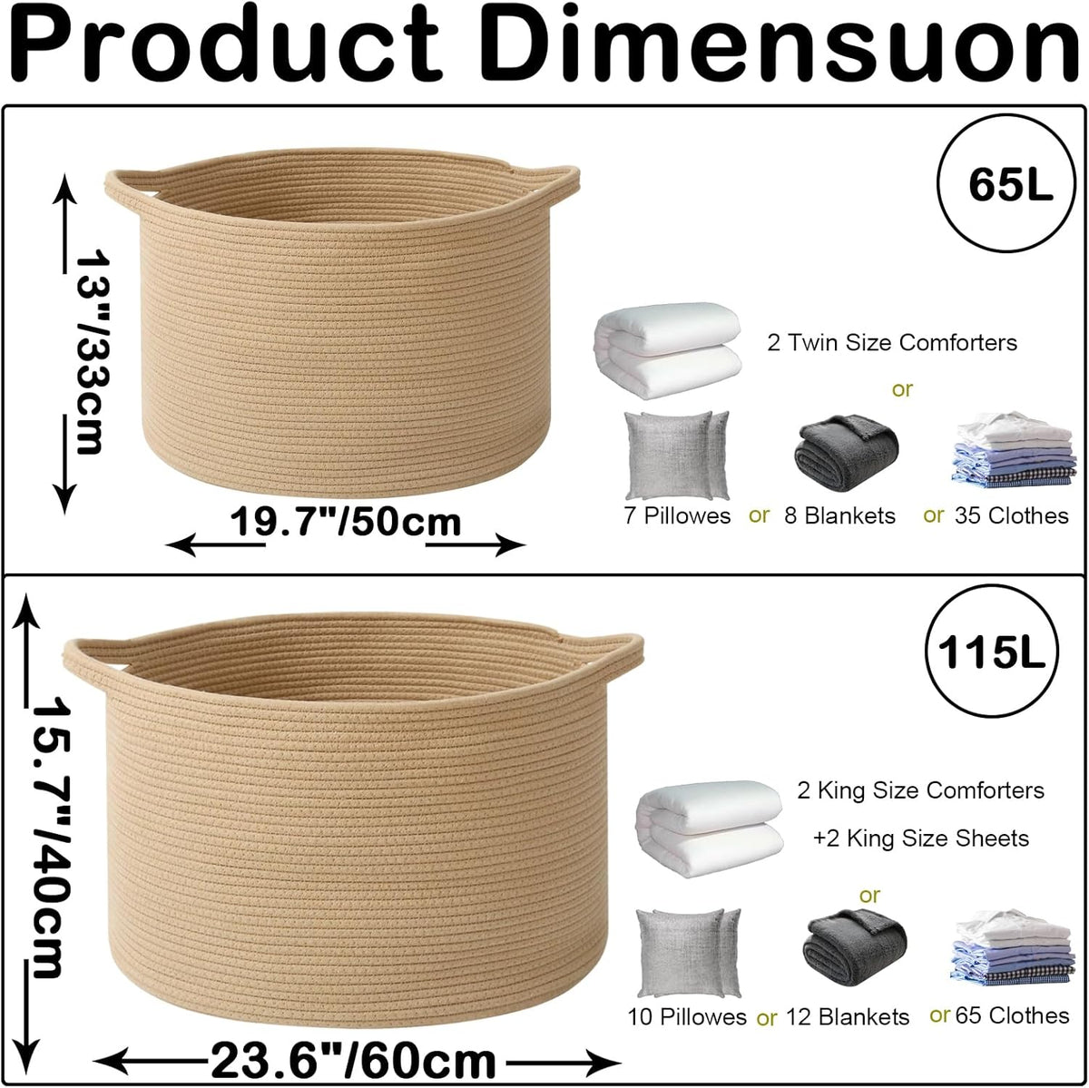 Large Blanket Basket for Organizing,65L Closet Organizers and Storage Bins Box for Shelves Woven Rope Storage Baskets,Living Room,Bedroom,Dorm,Laundry room (Camel)
