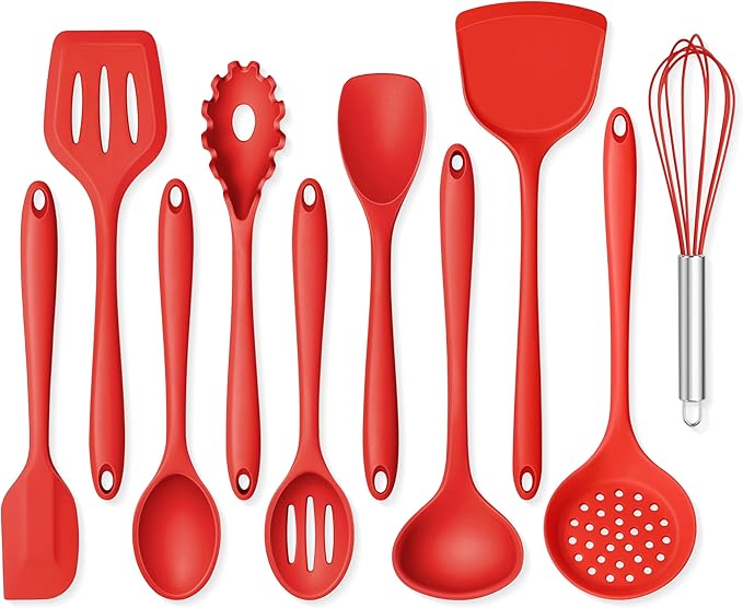 Onader 10 Pieces Cooking Utensils Set, Red Silicone Kitchen Utensils Set for Cooking, Non Toxic & Heat Resistant