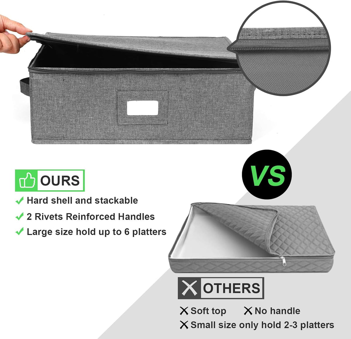 China Storage Containers Hard Shell 2 Pack, Platter Storage Case 17" x 13" x 6", 5 Felt Dividers Included, Structured Top and Stackable (Linen Grey)