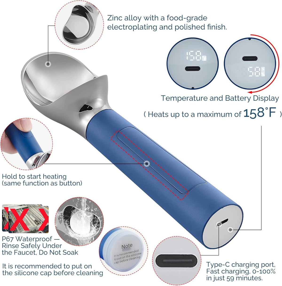 Heated Ice Cream Scoop Rechargeable, Electric Warming Ice Cream Scooper with LED Display, Heats to 158°F for Hard Ice Cream, Easy for Seniors & Kids, IP67 Waterproof (Blue, 2 oz)