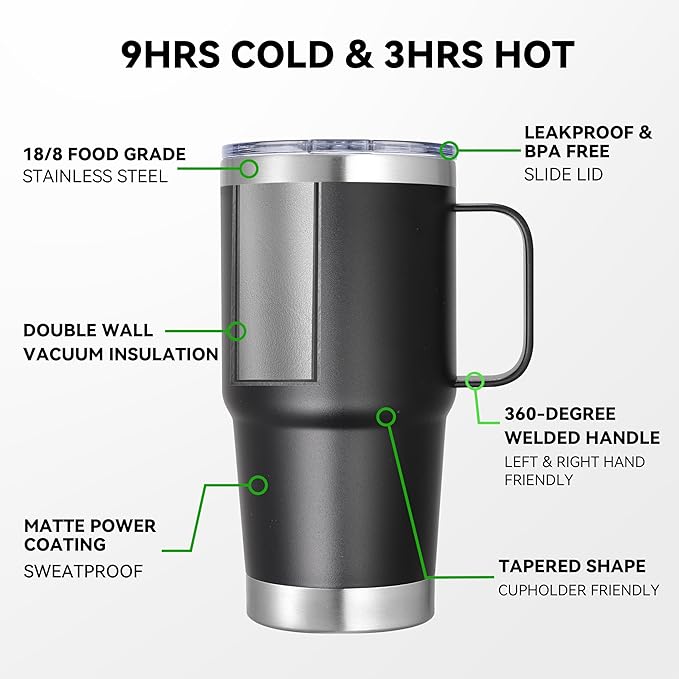 20 oz Stainless Steel Tumbler with Handle Metal Insulated Coffee Travel Mug with Handle Double Wall Tumbler Cup with Lid and Straw, Black 1 Pack