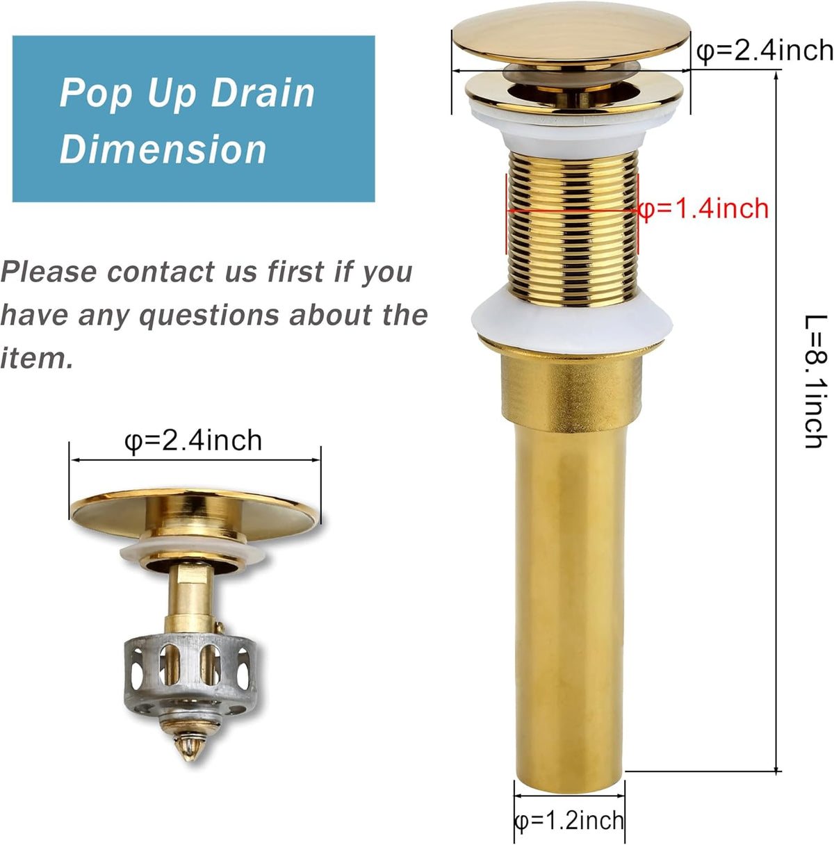 Bathroom Sink Drain, 2 Pack Gold Drain Stopper Bathroom Sink Without Overflow, Pop Up Drain Assembly with Detachable Strainer Basket, Built-in Anti-Clogging Strainer,Stainless Steel