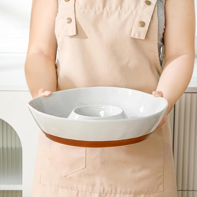 MALACASA Ceramic Chips and Dip Serving Tray, 12 Inch Large Divided Bowls Set for Salsa, Veggies & Dip, Appetizers, Snacks, Free-Form Serving Dish Platter for Parties Hosting & Entertaining, Gray