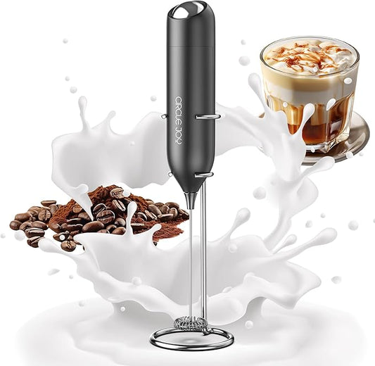 CIRCLE JOY Milk Frother Hanheld with Stand, Electric Coffee Frother, Battery Operated Hand Frother Wand Drink Mixer Mini Foamer for Matcha Lattes Cappuccino, Kitchen Gifts, Black