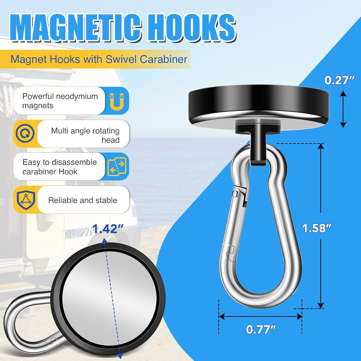 Magnetic Hooks Heavy Duty 150Lbs, 4 Pack Super Strong Magnetic Hooks with Swivel Carabiner for Cruise, Black Neodymium Magnet Hooks Magnetic Wall Hanger for Hanging, Toolbox, Grill, Cabins