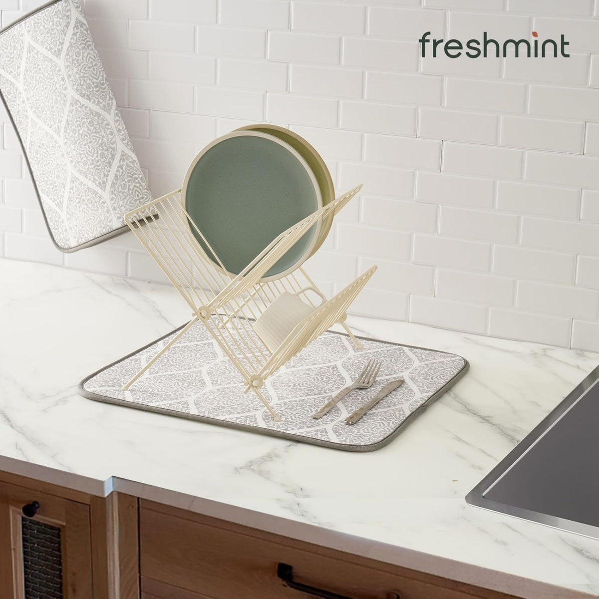 FRESHMINT Printed Dish Drying Mats for Kitchen Counter 2 Pack Absorbent Reversible Drying Mats Microfiber Kitchen Countertop Protector Dishes Drying Pad Extra Large 18"x16" Dish Mat