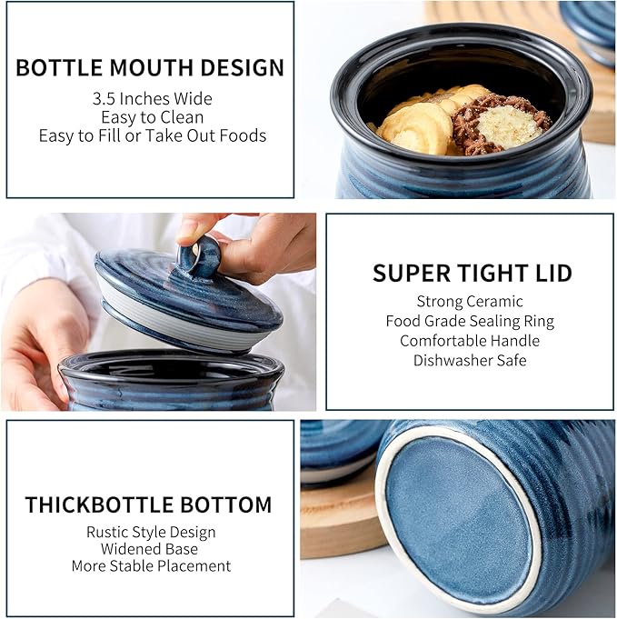 HASENSE Ceramic Food Storage Jar, Coffee Canister with Lid, Cookie Candy Jar for Kitchen, Serving for Dog Treat Sugar Loose Tea Flour Coffee Beans Rice Snack Storage 30 FL OZ (Blue)