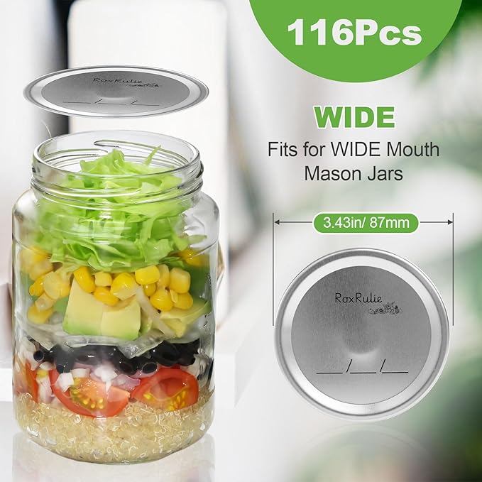 116PCS Canning lids Wide Mouth(3.43in/87mm), Upgraded Leak-Proof Mason Jar Lids for Ball/Kerr Jars, Split-Type Lid with Perfect Airtight Seal, Canning Jars Lids, Food Grade Material