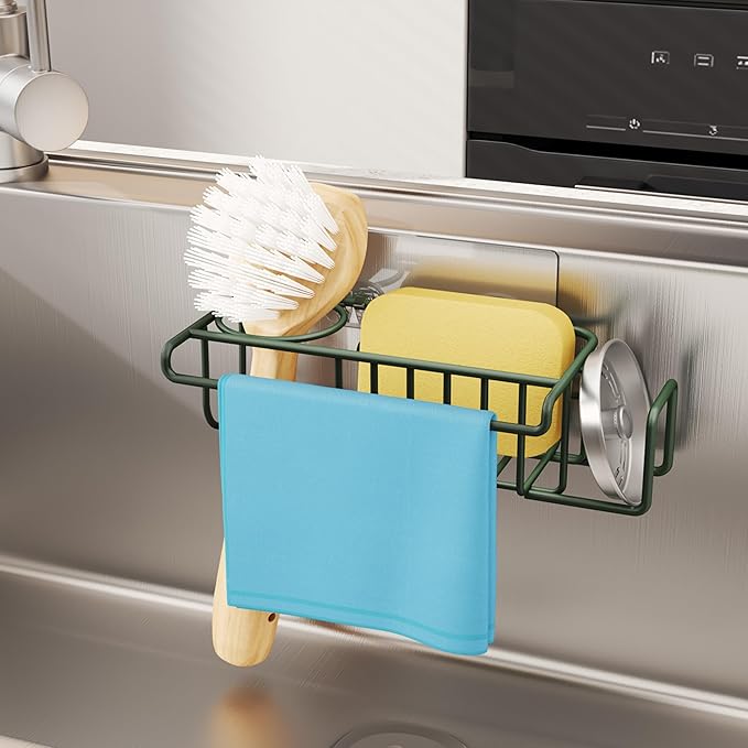 HapiRm Sink Caddy Sponge Holder - No Drill Sponge Holder for Kitchen Sink, Rustproof and Waterproof Kitchen Organizer - Green