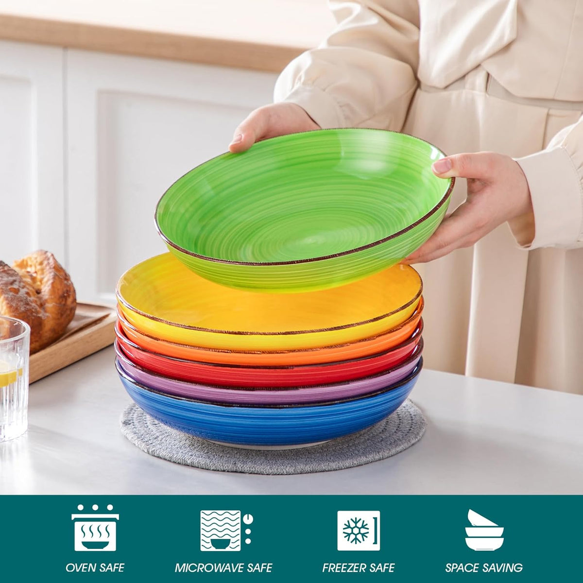 vancasso Bonita Pasta Bowls Set of 6, 50oz Large Salad Bowls for Kitchen, Corlorful Stoneware Serving Bowls Dishwasher & Microwave Safe