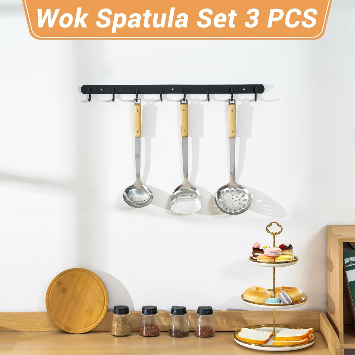 FJNATINH Wok Spatula and Ladle Skimmer Spoon - Stainless Steel Cooking Utensils Set of 3,Kitchen Wok Utensils Set