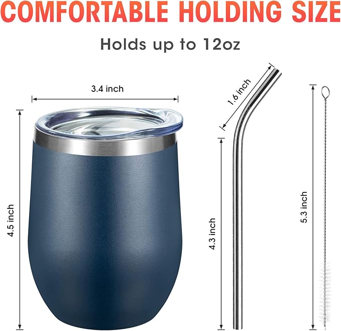 COMOOO 12 Pack Stainless Steel Wine Tumblers with Lid and Straw 12oz Double Wall Vacuum Insulated Wine Tumbler Cup Stemless for Hot and Cold Drinks, Coffee, Wine, Cocktails, Navy