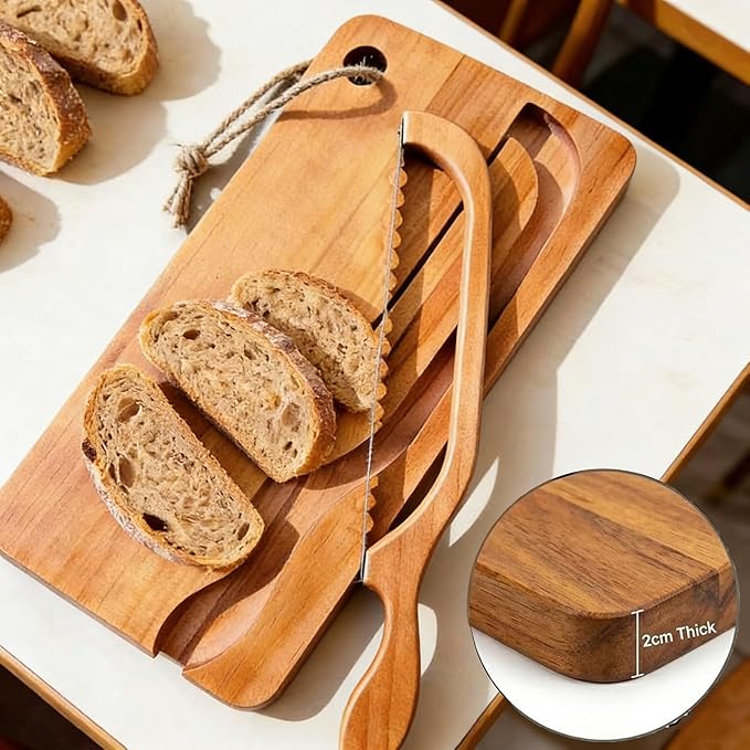Bow Knife and Board Set, Wooden Bread Slicer with Crumb Tray, Ambidextrous Left & Right Handed, No-Crush Cutting for Sourdough & Bagels, 10 Inch Stainless Steel Blade, Rustic Gift(Bamboo wood)