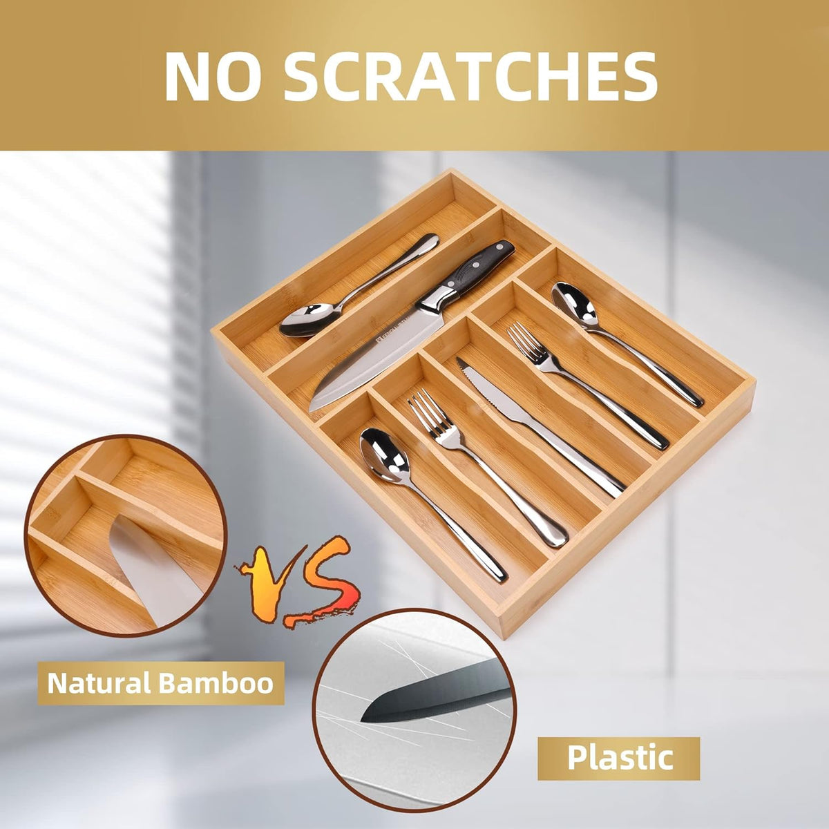 Silverware Organizer Kitchen Drawer Organizer Utensil Organizer Bamboo Silverware Holder Cutlery Organizer in Drawer Flatware Organizer Tray(7 slots, Natural
