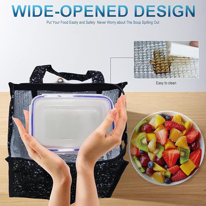iknoe Insulated Lunch Bag for Women & Adults, 9L Foldable Wide-Open Cooler Bag with Pockets, Leakproof & Portable, for Picnic, Office, Beach(Bright black)