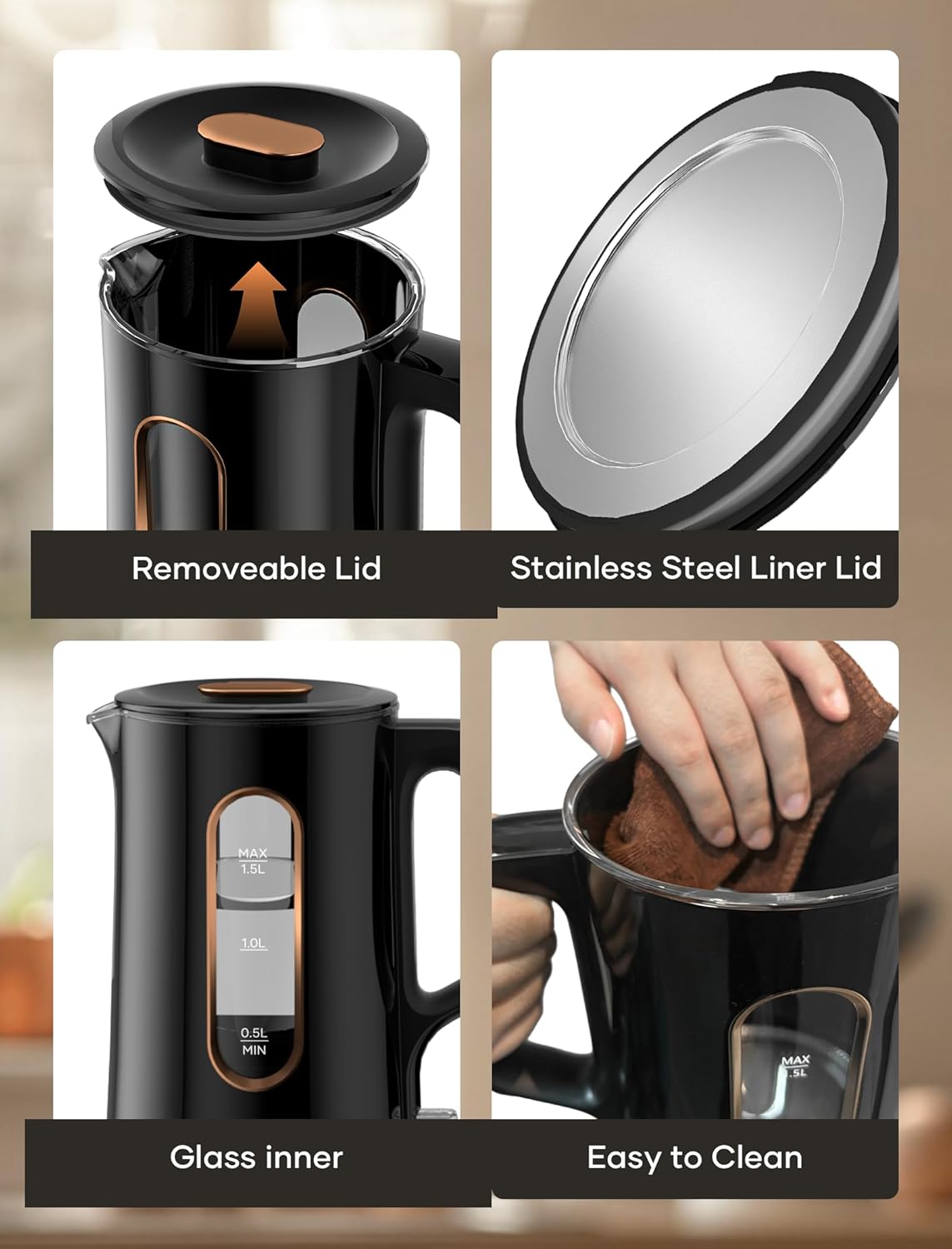 Offacy Electric Kettle, Tea Kettle Pot, Double Wall Glass Inner 1.5L/1200W, Hot Water Kettle Teapot Boiler & Heater with Automatic Shut Off, BPA-Free & LED Indicator Lights, Black