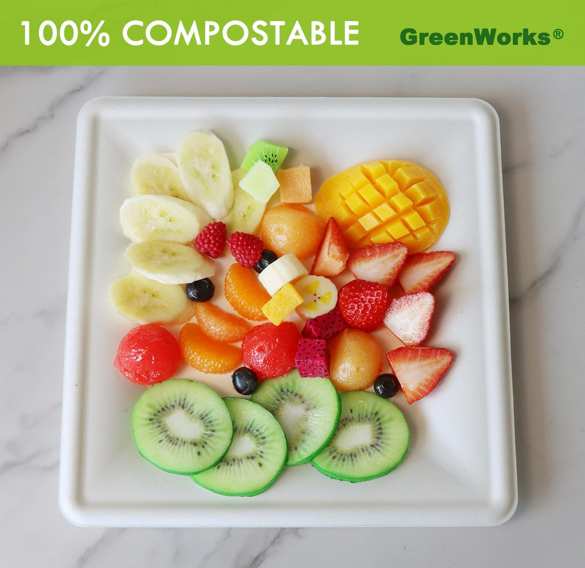 GreenWorks 100 Count 10 Inch Large Square Compostable plates, Biodegradable Bagasse and Bamboo Fiber Plates