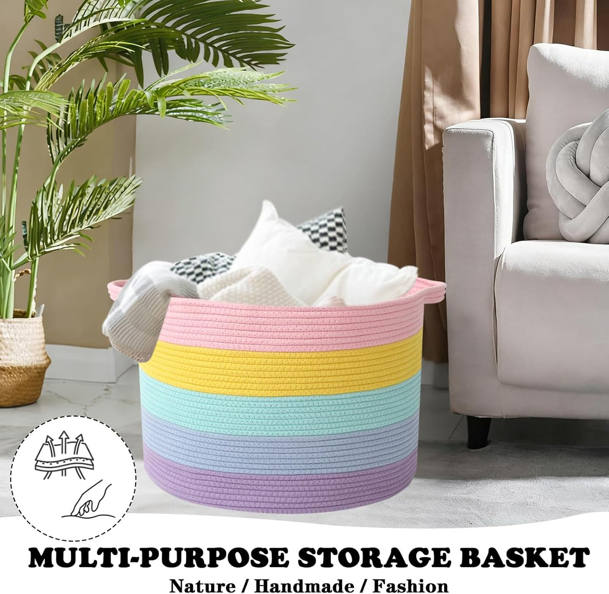 Large Blanket Basket for Organizing,65L Closet Organizers and Storage Bins Box for Shelves Woven Rope Storage Baskets,Living Room,Bedroom,Dorm,Laundry room (Colorful)
