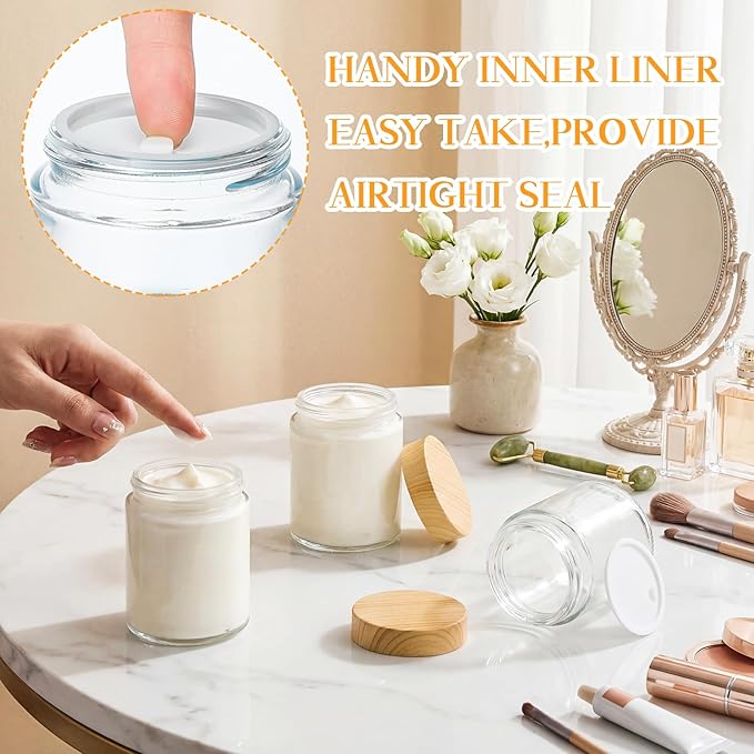 Norme 24 Pcs 6oz Glass Jars with Lids Empty Small Glass Containers and Inner Liners Reusable Cosmetic Jars Round Airtight Bottles with Plastic Wood Grain Lids for Travel