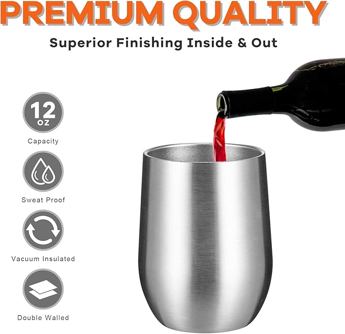 COMOOO 12oz Insulated Wine tumbler with Lid, Stainless Steel Stemless Wine Tumbler Glass,Double Wall Vacuum Wine Tumbler Cups with Straw for Coffee, Cocktails,Beer,Champaign Silver, 4 Pack