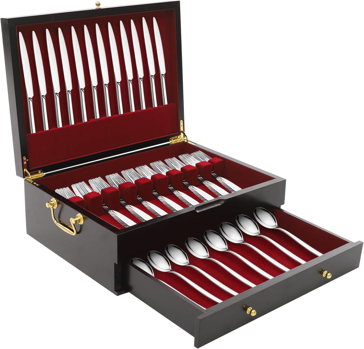 JOMCYDM Wooden Silverware Storage Box 2 Layers Silverware Chest Case with Drawer with Handle Lid Flatware Organizer for Kitchen Dining Room