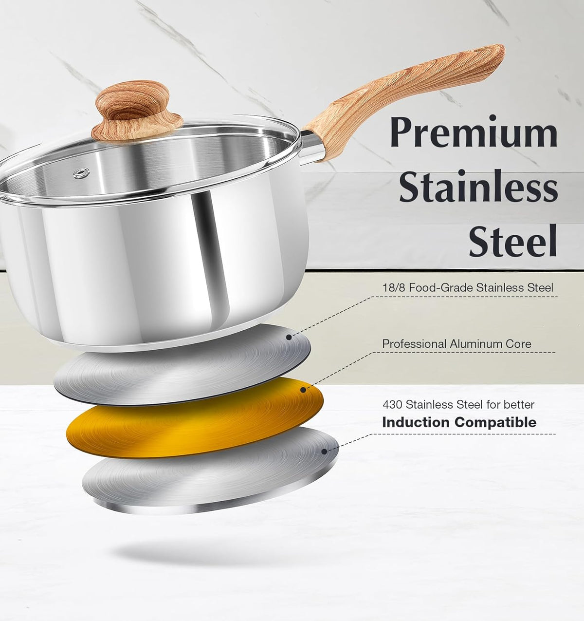 KOCH SYSTEME CS Stainless Steel Saucepan Set, 4-Piece Stainless Steel Sauce Pan with Cool-Touch Bakelite Handle, 1 QT & 2 QT Saucepan with Lid, Steel Pots Induction Ready
