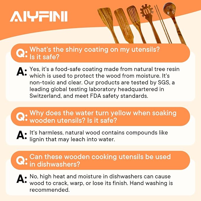 Non-Toxic Wooden Utensils for Cooking - Natural Acacia & Glue-Free,15.4" Large Spatula Set, Long Handle for Scald-Resistant, Wood Kitchen Spoons/Chopsticks/Holder, for Non Stick Frying Pans by ALYFINI