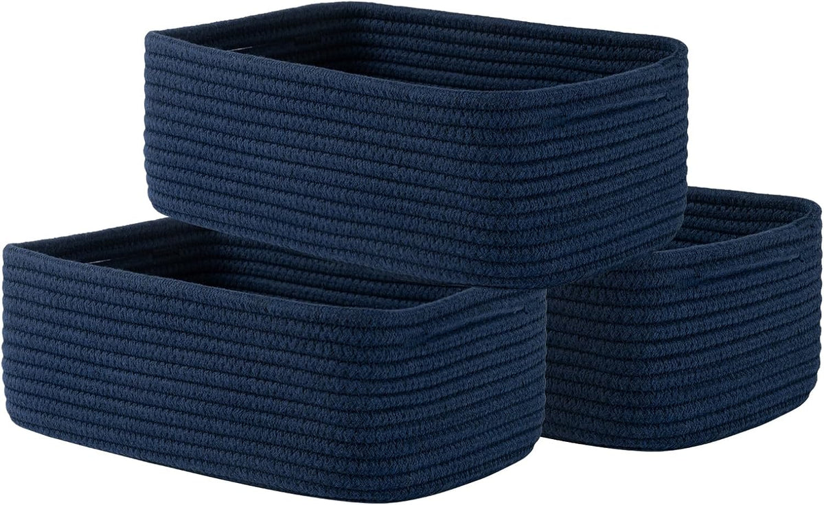 Small Woven Basket, 12 x 8 x 4.5 Inches, Storage Basket for Organizing, Cute Small Rope Shelf Closet Cube Storage Bins Baskets for Shelves, Dog Toy Gift Baskets Empty, 3 Packs, Navy Blue