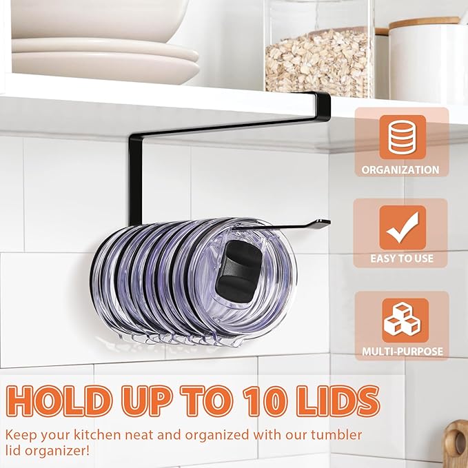 Tumbler Lid Organizer, Horizontal Tumbler Lid Storage Hook Up to 10 Lids, Space Saving Cup Lid Holders Under Cabinet Tumbler Lid Hook for Kitchen Organizer and Storage,Hanging Paper Towel Rack Hanger