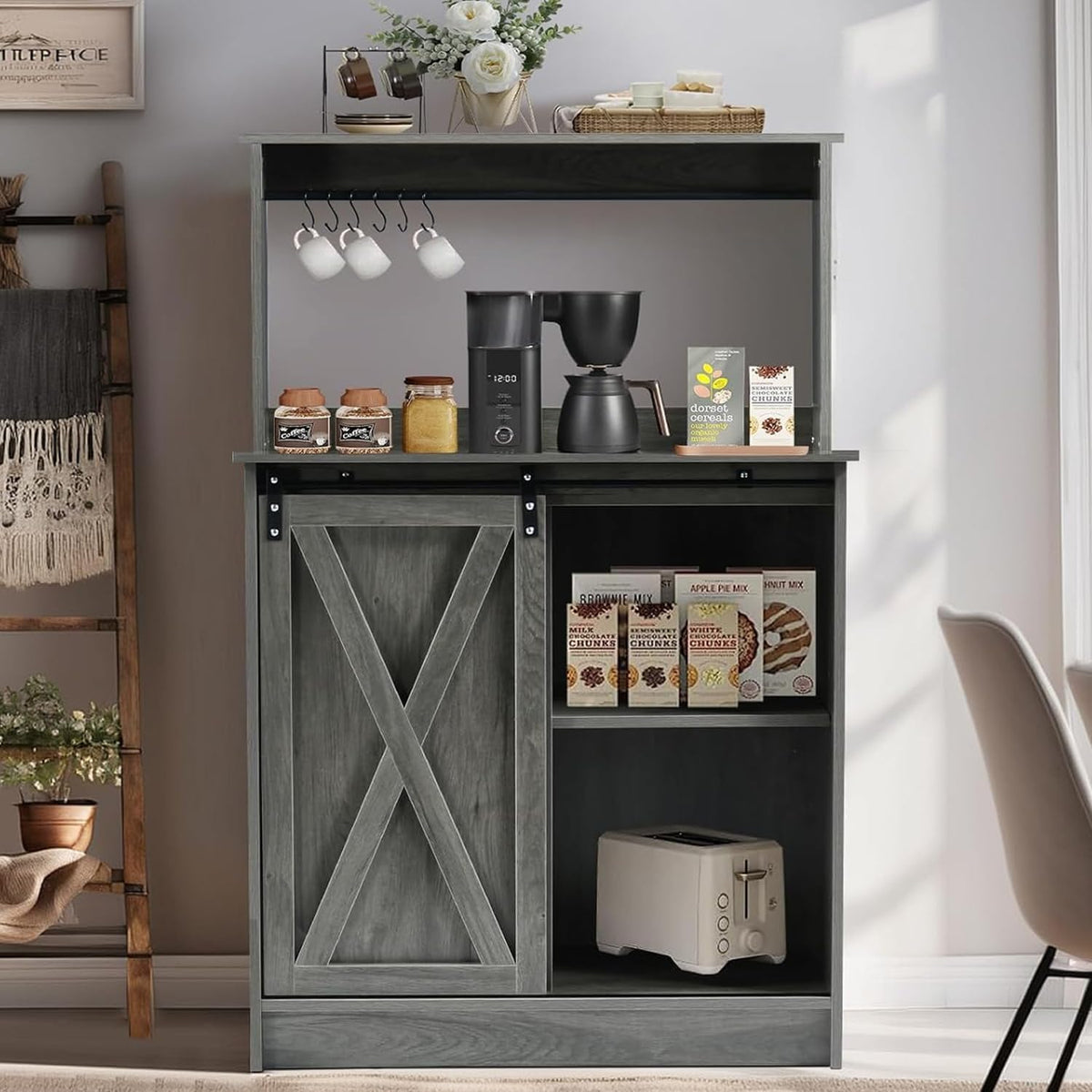 4ever2buy Farmhouse Coffee Bar Cabinet with 6 Hooks, 50'' Kitchen Buffet Hutch Cabinet with Sliding Barn Door, Small Coffee Bar Table with Hutch for Dining Living Room, Wash Gray
